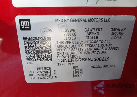 2025 Chevrolet Traverse Fwd Lt z USA, uszkodzony, nr VIN 1GNERGRS5SJ306219